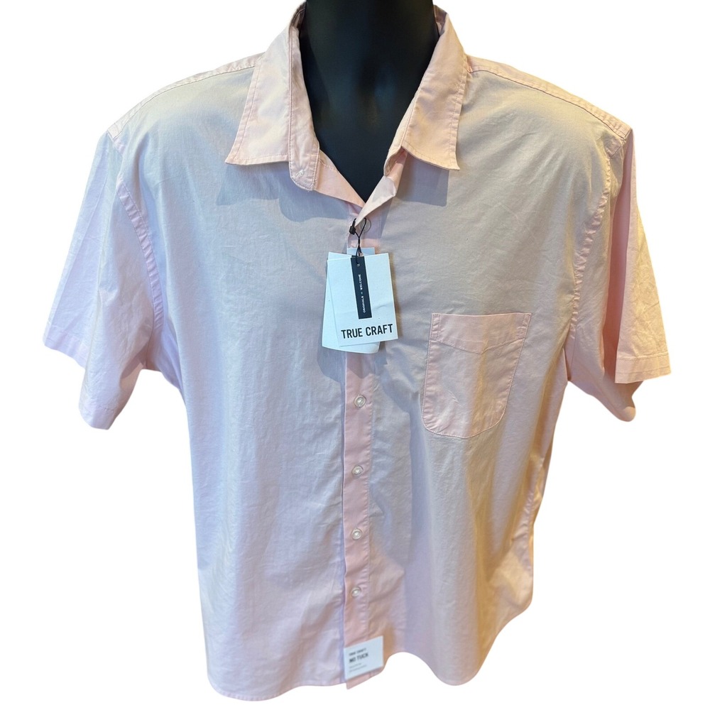 NWT True Craft XL Pink Short Sleeve No Tuck Cotton Stretch Button Down Shirt
